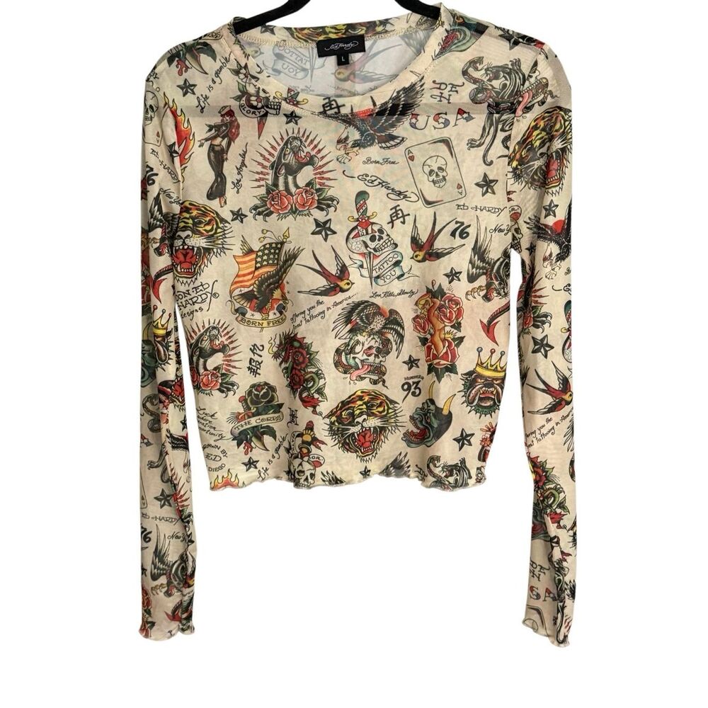 Ed Hardy Tattoo Mesh Graphic Long Sleeve Crewneck Top Women's L